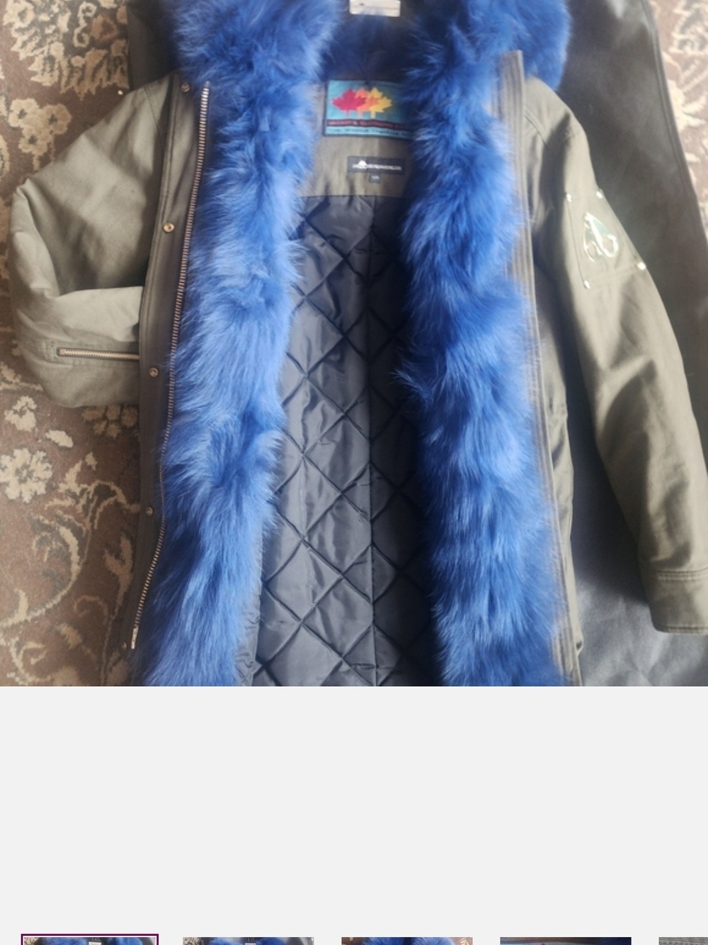 Moose Knuckles Olive Green Puffer Jacket with Royal Blue Fur Trim